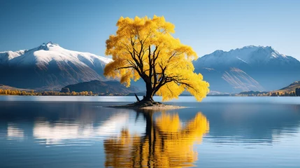 Fotobehang Famous Wanaka tree with bright yellow leafs reflects in lake with mountains in the background  © Ziyan Yang