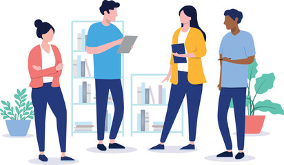 Office vector - illustration of people communicating and having discussion at work. people in a startup. people talking in an office. modern office. Flat design with white background