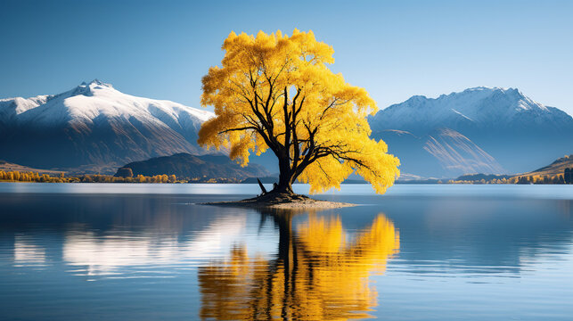 Famous Wanaka tree with bright yellow leafs reflects in lake with mountains in the background 