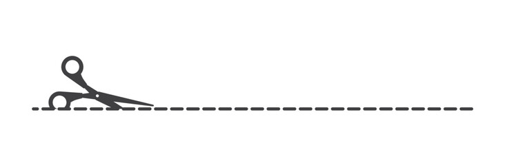 Cutting scissors with cut lines for cutting paper in flat style. Cut out sign, symbol, icon. Cut out place. Paper cut black card. Discount coupon. Black shape silhouette sign. coupon cutting icon.