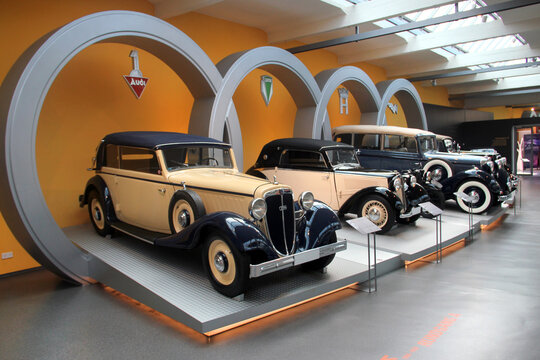 Zwickau, Germany - August 20, 2023: Automobiles of Auto Union AG, a group of four German manufacturers (Audi, Horch, DKW, Wanderer) and the predecessor of modern Audi, in August Horch museum.