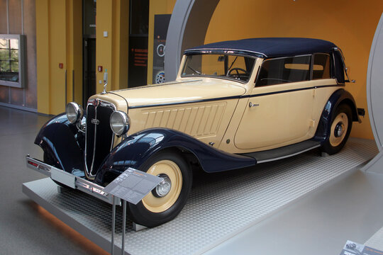 Zwickau, Germany - August 20, 2023: Audi UW Cabriolet, 1934, a convertible car manufactured by Auto Union AG, the predecessor of modern Audi, in August Horch museum in Zwickau.