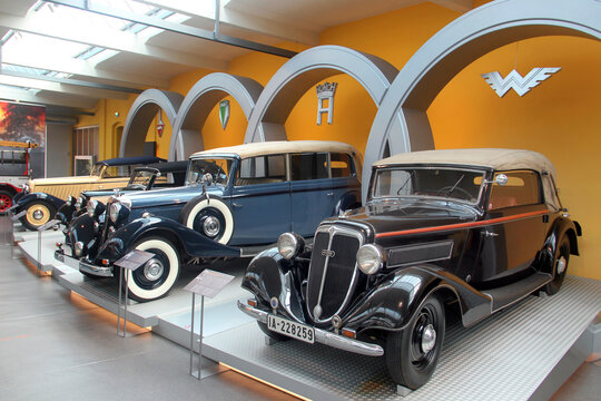 Zwickau, Germany - August 20, 2023: Automobiles of Auto Union AG, a group of four German manufacturers (Audi, Horch, DKW, Wanderer) and the predecessor of modern Audi, in August Horch museum.