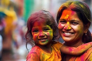 a young expressive girl with a child all in loose colored dry paints during the holi festival of colors - traditional in India