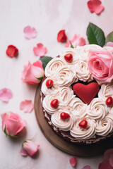 Cute birthday cake pink color with roses and hearts, Sweet cake for a surprise birthday, mother's Day, Valentine's Day