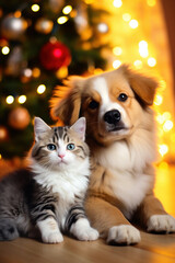 Fototapeta na wymiar cat and dog near the Christmas tree. christmas pets. happiness, celebration and fun. furry animals.