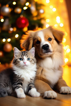 cat and dog near the Christmas tree. christmas pets. happiness, celebration and fun. furry animals.