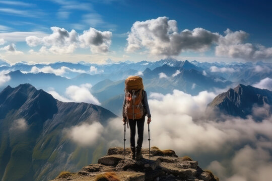 Girl With Backpack On Mountain Peak. Landscape With Sporty Young Woman, Foggy Hills, Orange Sky In Fall. Hiking. Nature