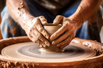 dirty male hands sculpt mug with ceramic clay on potter's wheel. hobby and needlework for men. fascinating craft