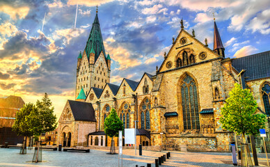 Paderborn Cathedral in North Rhine-Westphalia, Germany at sunset