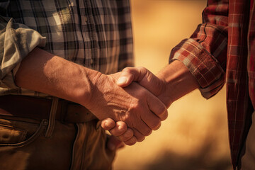 Two farmers shaking hands in a field