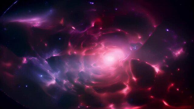 A nebula of dark hues of navy blue and purple contrasted by bright patches of pink highlighting a scene of intense cosmic activity as a detector tracks the trajectory of the 