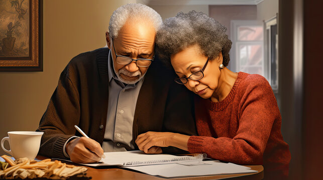 African American retired couple looking worried over bills