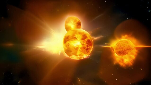 A stunning photograph of a dual star system composed of two stars both of them glowing in a vibrant yellow color. Their luminosity is matched by the light of the smaller celestia