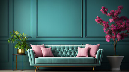 Modern interior design with green sofa and empty pink wall background