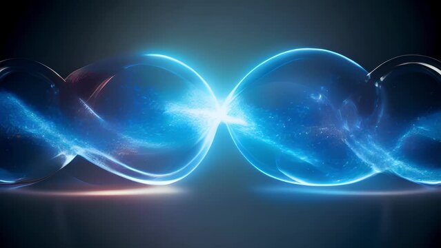 Sprays of cerulean and azure sparks shoot from two spinning balls of light swirling in vibrant magnetic waves around each other. Locked in an endless game of cosmic tugofwar 