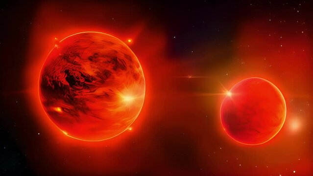 A shot of two suns in the universe one of them a distant red giant and the other a brighter yellowwhite star between them the faint silhouettes of five exoplanets round and glowing