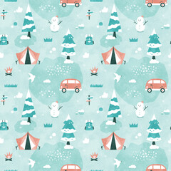 冬のキャンプの背景パターン 水彩の俯瞰風景イラスト（青色）