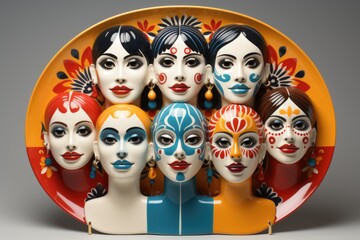 A ceramic plate with a group of women's faces painted on it. Generative AI image.