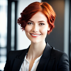 Happy successful business woman with short red hair in suit smiling at work in the office