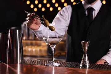 Bartender preparing fresh Martini cocktail at bar counter, closeup