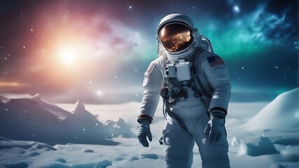 Fototapeta na wymiar Astronaut on an alien ice world, in the snow, aurora borealis 