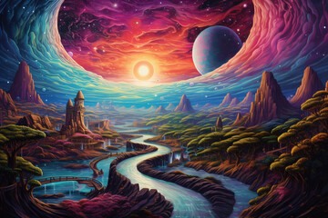 Surreal rainbow labyrinth sunset mountains landscape