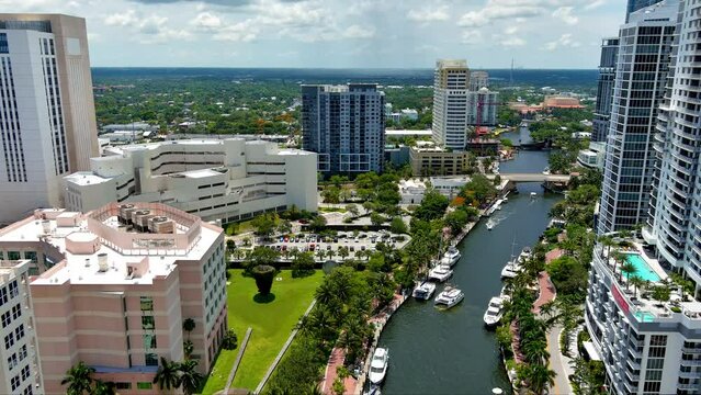 Aerial Fly back Riverwalk FL Lauderdale Downtown