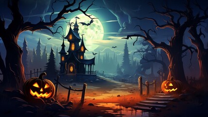 Halloween background spooky night with evil pumpkin