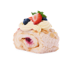 Slice of tasty meringue roll with jam, berries and mint leaves isolated on white