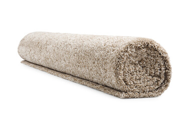 Rolled fuzzy carpet on white background. Interior element