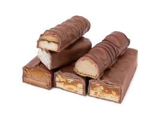 Pieces of different tasty chocolate bars on white background