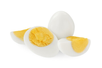 Peeled hard boiled quail eggs on white background