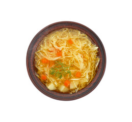 Bowl of delicious sauerkraut soup with carrot and dill isolated on white, top view