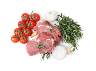 Fresh raw meat with rosemary, tomatoes and spices isolated on white, top view