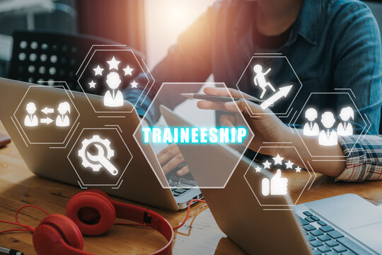 Traineeship concept, Business team working on laptop computer with traineeship icon on virtual screen.
