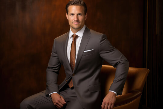 Confident CEO in a Polished Suit and Tie, Captivating with a Self-Assured Facial Expression, Sitting on a Chair, Exuding Professionalism and Entrepreneurial Success