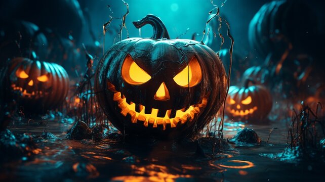 Halloween background spooky night with evil pumpkin