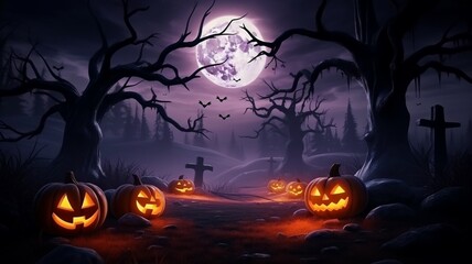 Fototapeta premium Halloween background spooky night with evil pumpkin