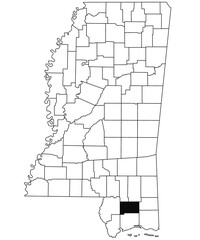 Map of stone County in Mississippi state on white background. single County map highlighted by black colour on Mississippi map. United States of America, US