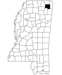Map of Prentiss County in Mississippi state on white background. single County map highlighted by black colour on Mississippi map. United States of America, US