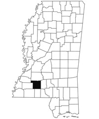 Map of Lincoln County in Mississippi state on white background. single County map highlighted by black colour on Mississippi map. United States of America, US