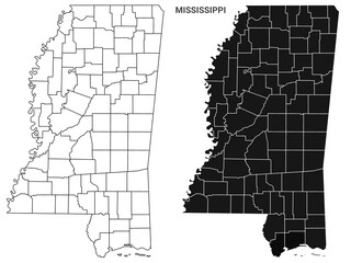 Mississippi counties outline map set - illustration version - obrazy, fototapety, plakaty