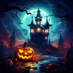 Fototapeta na wymiar Halloween background spooky night with evil pumpkin