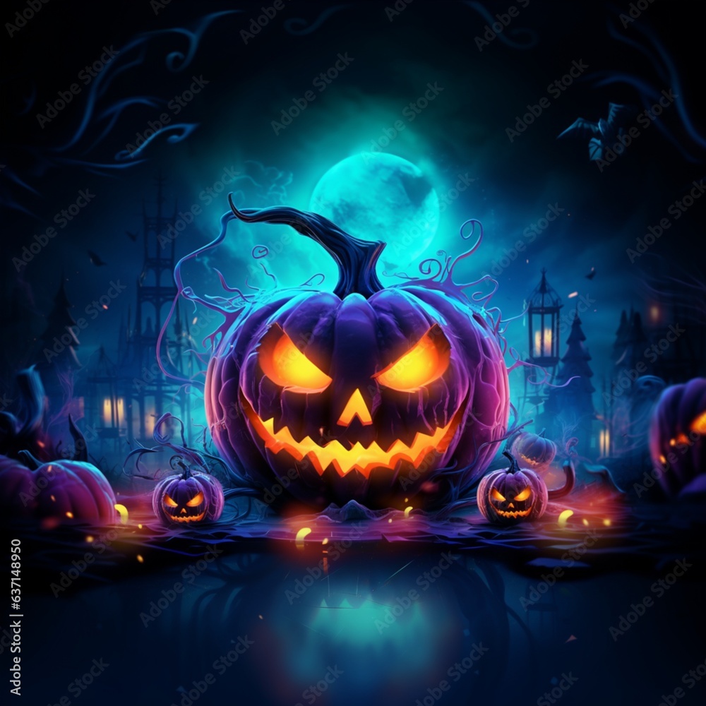 Wall mural Halloween background spooky night with evil pumpkin