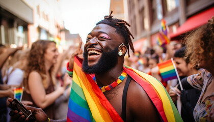Portrait of a Happy African American LGBT Member at a Pride March (Generated with AI)