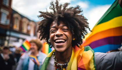 Portrait of a Happy African American LGBT Member at a Pride March (Generated with AI)