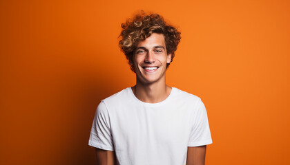  Portrait of a Curly-Haired Young Man in a White Shirt Against an Orange Background