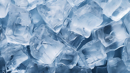 Ice cubes bluish background. Frozen water. Cold fresh concept. Generative AI