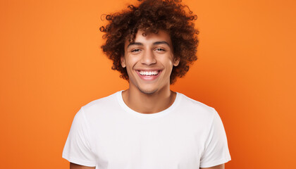  Portrait of a Curly-Haired Young Man in a White Shirt Against an Orange Background